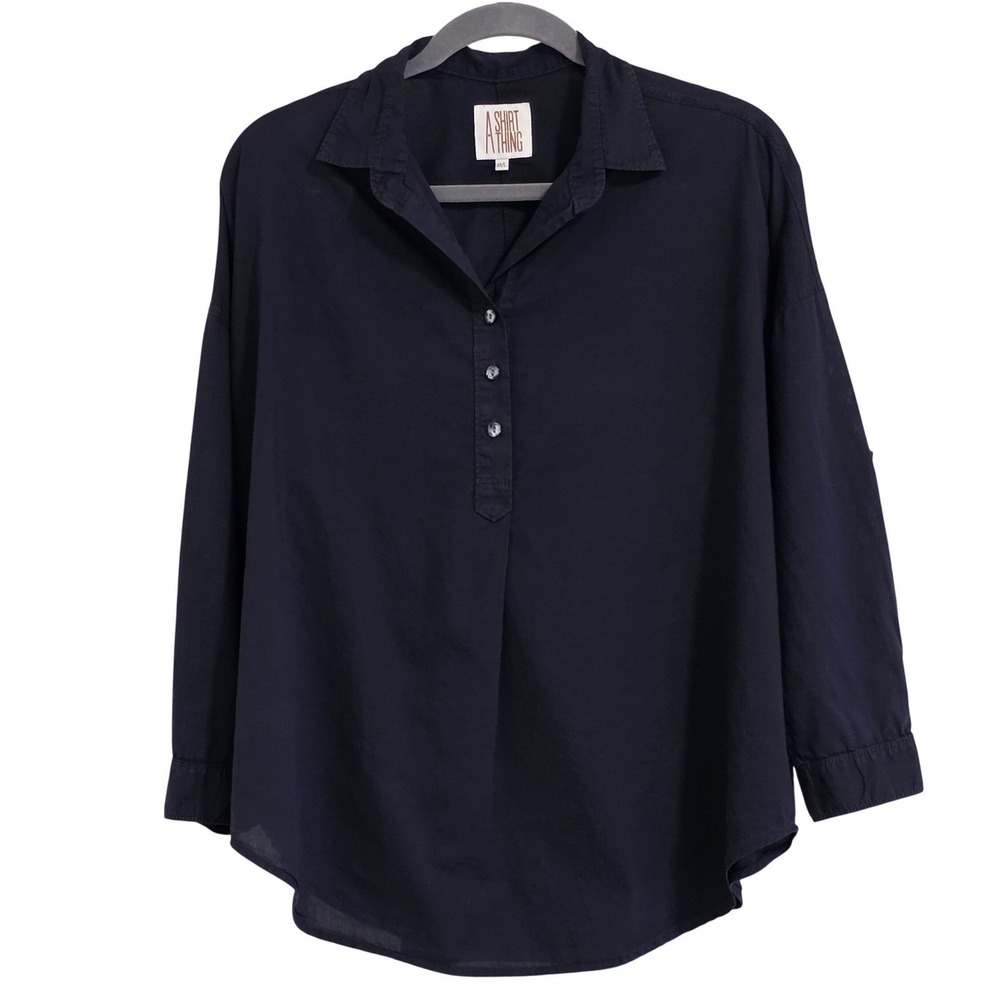 A Shirt Thing Popover Blouse Women M/L Navy Blue Cotton Button Up Made in USA